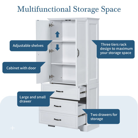 Tall Bathroom Storage Cabinet With 2 Doors And Drawers, Adjustable Shelf - White