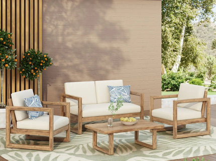 4 Pieces Acacia Wood Patio Furniture Set, Outdoor Furniture With Coffee Table, Patio Conversation Set Deep Seating With Soft Cushion, Porch Chairs For Backyard Porch Balcony - Brown Wash / Beige
