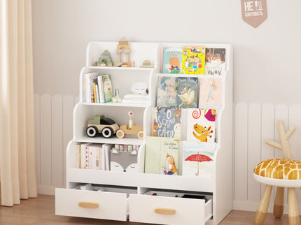 Bookshelf With 2 Storage Drawers, Front Facing Bookcase And Toy Organizer, Multi Tier Reading Shelf - White
