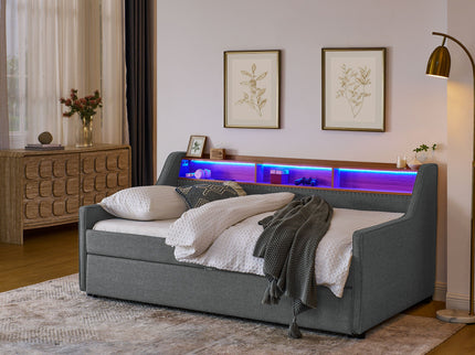 Upholstered Sofa Bed With LED Lights, Storage Headboard, Foldable Trundle & Wireless Charging