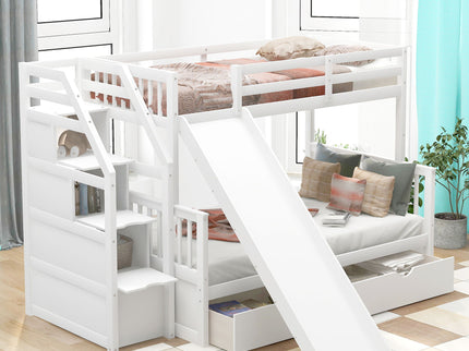 Bunk Bed With Storage Staircase, Slide, Desk, Drawers, And Shelves