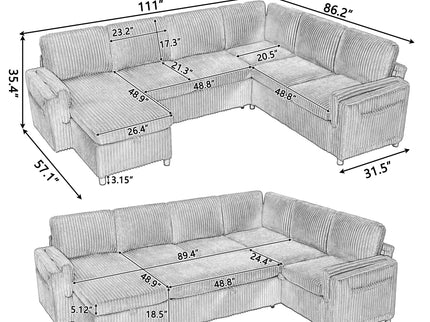 Convertible U-Shaped Sectional Sofa Bed With USB Ports And Storage