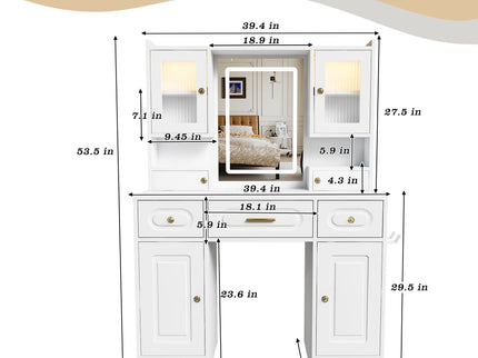 Large Vanity Table Set With Mirror, 6 Drawers & Shelves, Power Socket, Hair Dryer Holder, Cabinet Light, Dressing Desk - White
