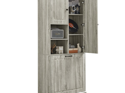 Modern Tall Storage Cabinet With Adjustable Shelves, Flip-Out Basket & Enclosed Doors