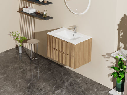 30" Wall Mounted Bathroom Vanity With Sink, Soft Close System, And Spacious Drawers - Walnut