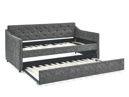 Twin Upholstered Daybed With Trundle, Waved Arms - Gray