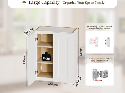 Shaker Wall Cabinet With Soft Close Hinges, Adjustable Shelves, Double Door