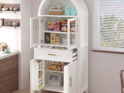 Arched Kitchen Pantry Cabinet With Adjustable Shelves & Barn Door Design