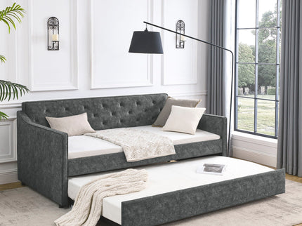 Twin Upholstered Daybed With Trundle, Waved Arms - Gray