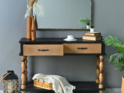 Accent Carved Console Table With Open Shelf And 2 Drawers Living Room - Black / Natural Wood Wash