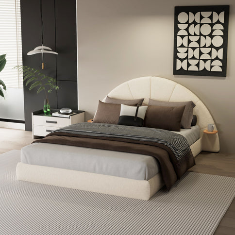 Queen Arched Bed With Small Table, Floor Standing Design - Beige