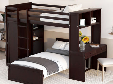 Loft Bed With A Stand Alone Bed, Shelves, Desk, And Wardrobe