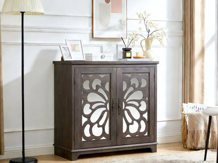 Elegant Sideboard With 2 Acrylic Mirrored Doors, Adjustable Shelf Storage