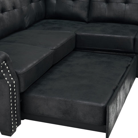 U Shape Sectional Sleeper Sofa With Pull Out Bed And Storage Chaise - Black
