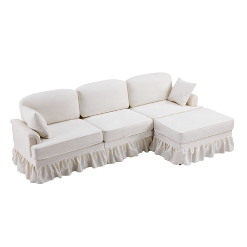 L-Shaped Sectional Sofa With Removable Ruffled Skirt, Flared Arms, Ottoman - White