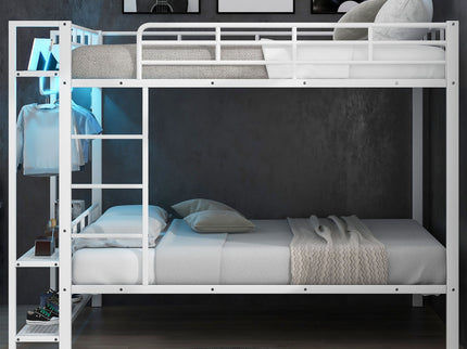 Bunk Bed With Storage Shelves, Clothes Hooks, LED Light