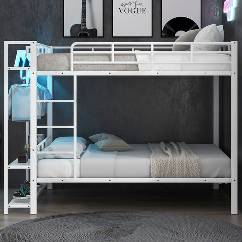 Bunk Bed With Storage Shelves, Clothes Hooks, LED Light