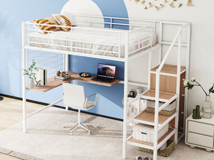 Loft Bed With Desk And Grid, Stylish Frame With Lateral Storage Ladder And Wardrobe