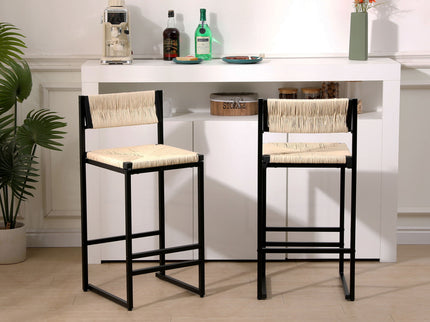 Bar Stools Paper Rope Weave Dining Chairs With Back Hand Weave Stools For Kichen Island, Bar & Counter (Set of 2)
