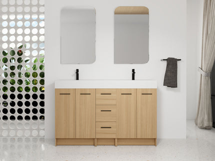 Double Sink Bathroom Vanity With 3 Drawers, Large Storage, Integrated Sink, Freestanding Cabinet, Soft Close Hardware - Glossy White / Light Oak