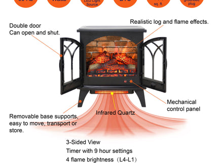 3D Flame Electric Infrared Quartz Fireplace Stove With Remote Control - Antique Black