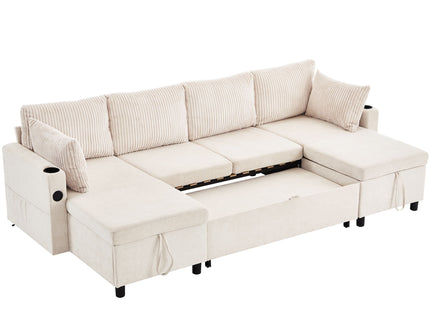 Sectional Sofa Bed With Pull Out Sleeper, USB Ports, Cup Holders