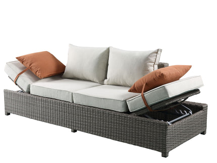 Salena - All Weather Wicker Patio Sofa & Ottoman With 2 Toss Pillows - Beige / Gray