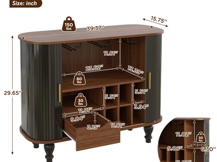Fluted Liquor & Coffee Bar Cabinet With 6 Wine Racks And 3 Glass Holders