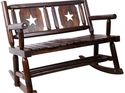 Rustic Outdoor Wood Rocking Bench Double Rocking Chair For 2 Persons With Curved Seat, Porch Rocker - Brown