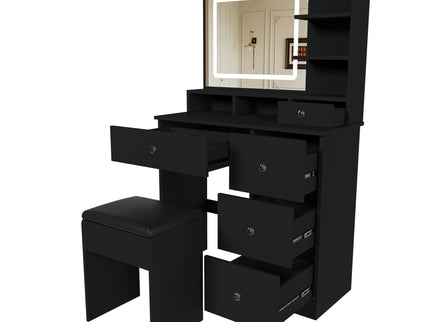 Vanity Desk With Mirror, 3 Color Lighting And Stool