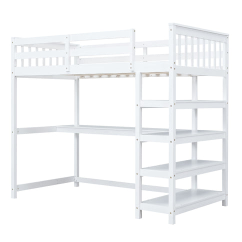 Loft Bed With Storage Shelves And Under Bed Desk