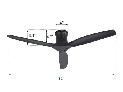 52" Ceiling Fan, No Light Flush Mount Low Profile 3 Blades With Remote Control
