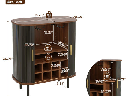 Fluted Wine Bar Cabinet With 8 Grid Wine Rack, 5 Level Adjustable Shelves, 2 Glass Holders