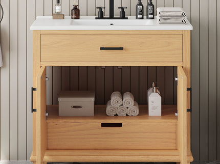 Bathroom Vanity With Ceramic Sink, Modern Free Standing Cabinet With Soft Close Drawers
