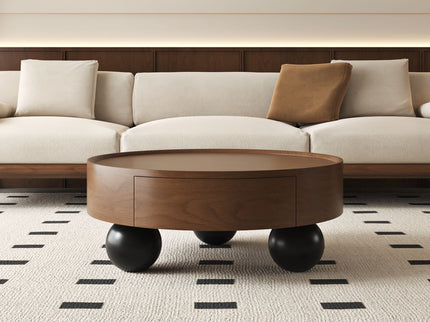 Round Coffee Table With Storage Drawer And Ball Feet - Walnut / Black