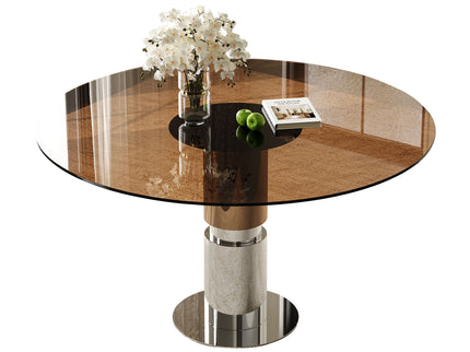 Round Dining Table / Tempered Glass Top - Brown