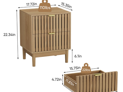 Bedside Table With Grille Design And 2 Drawers, Side Table For Bedroom - Oak