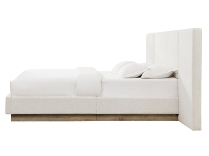 Muse - Queen Upholstered Platform Bed Frame - Ivory / Light Gray / Camel Oak