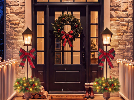 Christmas Lamp Post Decor With Plaid Bow, Artificial Outdoor Holiday Decor (Set of 2) - Brown / Bronze / Green