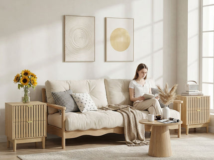 Bedside Table With Grille Design And 2 Drawers, Side Table For Bedroom - Oak