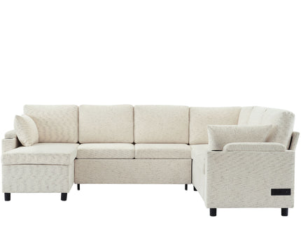 U-Shaped Sectional Sleeper Sofa With Ample Storage Space, 2 Cup Holders And Charging Ports For Living Room