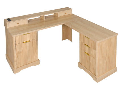 Fluted L-Shaped Desk With Charging Station & Storage Cabinet