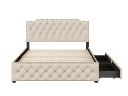 Upholstered Platform Bed With 2 Drawers And 2 Sets Of USB Ports On Each Side, Fabric