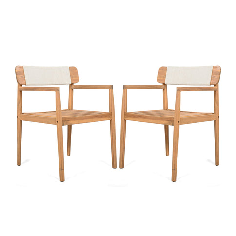Creative Braided Acacia Wood Outdoor Dining Table And Chairs With Armrests (Set of 2) - Teak / White