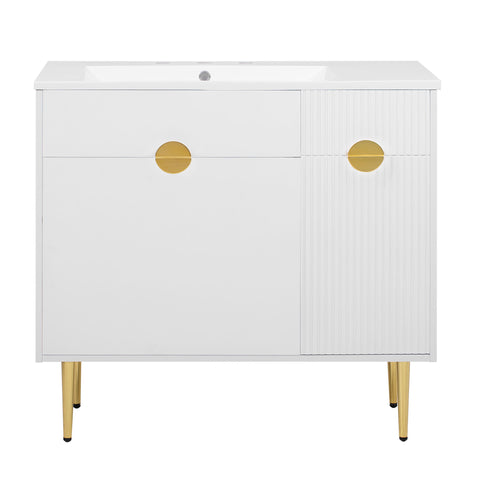 Bathroom Vanity With Sink, Storage Cabinet Soft Closing Door And Drop Down Compartment - White