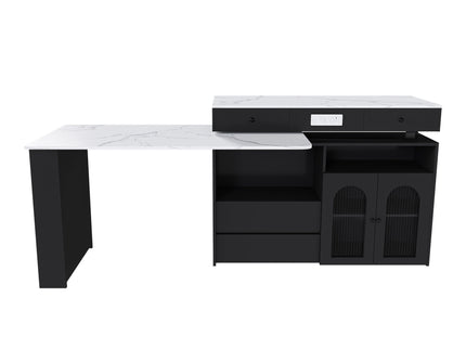 Kitchen Island With Extendable Rotating Table, 4 Drawers & Glass Door Cabinets, Built In Socket - Black