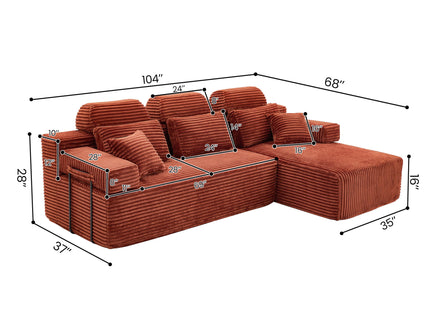 Sectional Sleeper Sofa & Storage Pockets, Modular Couch With Throw Pillows For Living Room