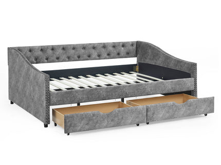 Upholstered Tufted Daybed With Drawers, Waved Arms