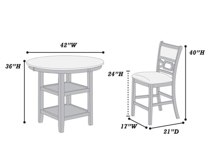 5 Piece Counter Height Dining Set With Storage Shelves Round Table And Upholstered High Chairs - Gray