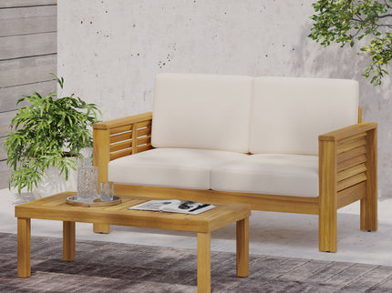 Acacia Wood Loveseat And Coffee Table Set With Cushions
